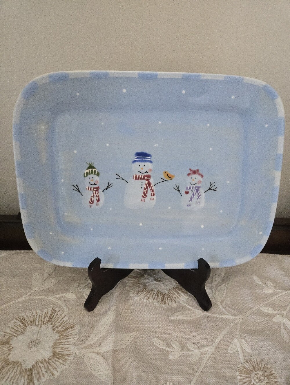 Hartstone "Snow 3  People Snowman" Rectangular Plate Platter USA Winter Blue